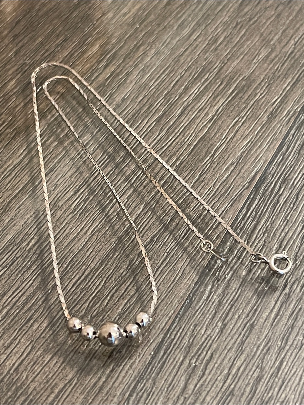 Vintage Dainty Cobra Style Chain with 5 Graduated Beads, Silver-tone, 16” approx